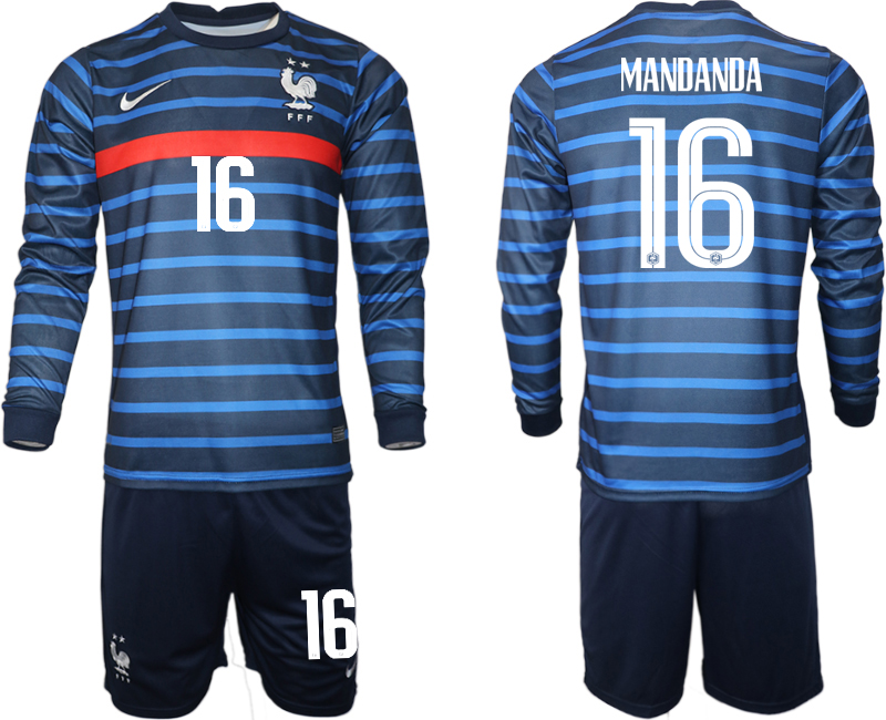 Men 2021 European Cup France home blue Long sleeve #16 Soccer Jersey
